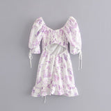 Lavender purple flower and bird print drawstring dress