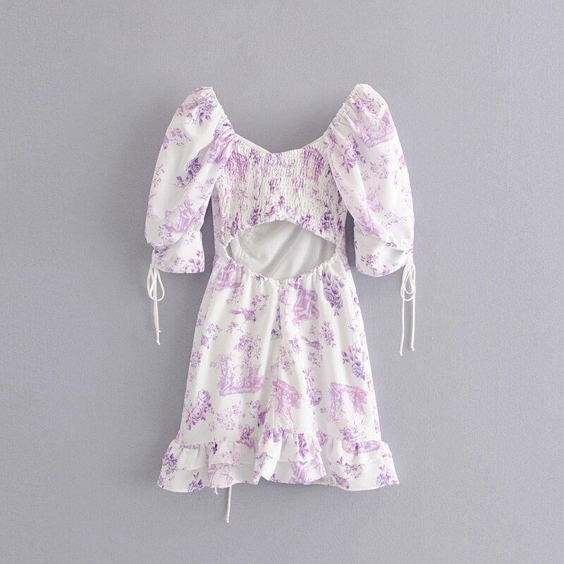 Lavender purple flower and bird print drawstring dress
