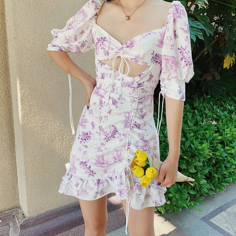 Lavender purple flower and bird print drawstring dress