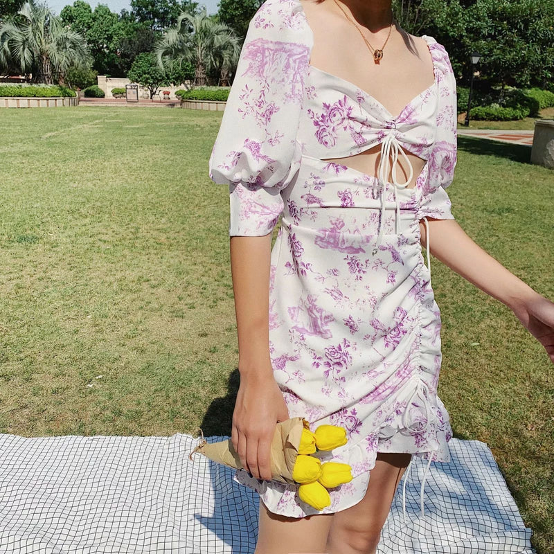 Lavender purple flower and bird print drawstring dress
