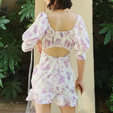 Lavender purple flower and bird print drawstring dress