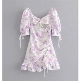 Lavender purple flower and bird print drawstring dress