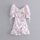 Lavender purple flower and bird print drawstring dress