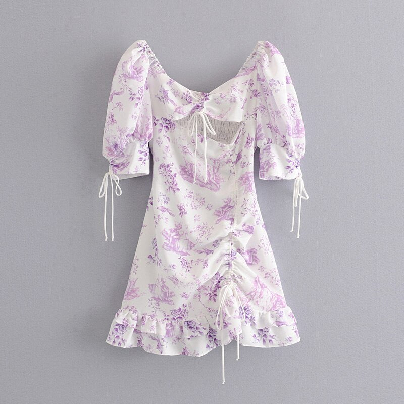 Lavender purple flower and bird print drawstring dress